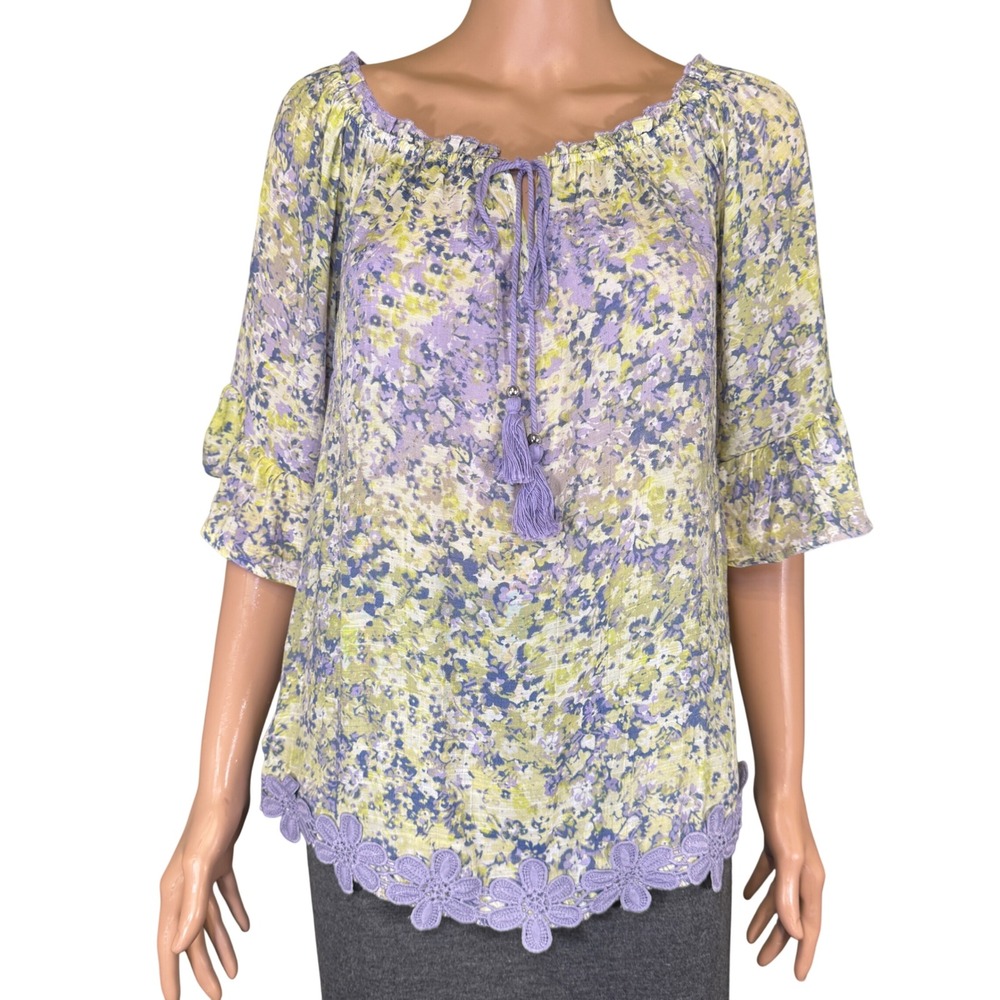 Unique Spectrum Floral Peasant Blouse Purple Lime Green Crochet Hem Small NEW